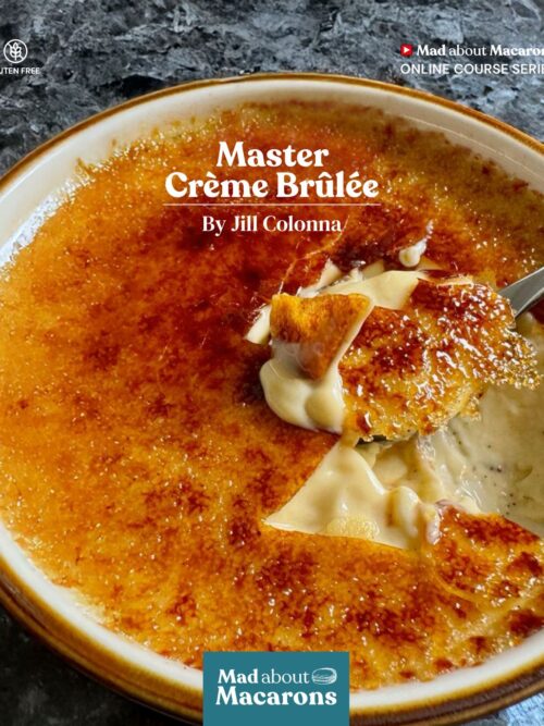 Cover of online course, Master Crème Brûlée by Jill Colonna, showing a spoon cracking in to the caramel topping