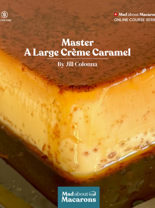 cover of the online course how to master a large creme caramel showing a pudding dribbling with golden caramel